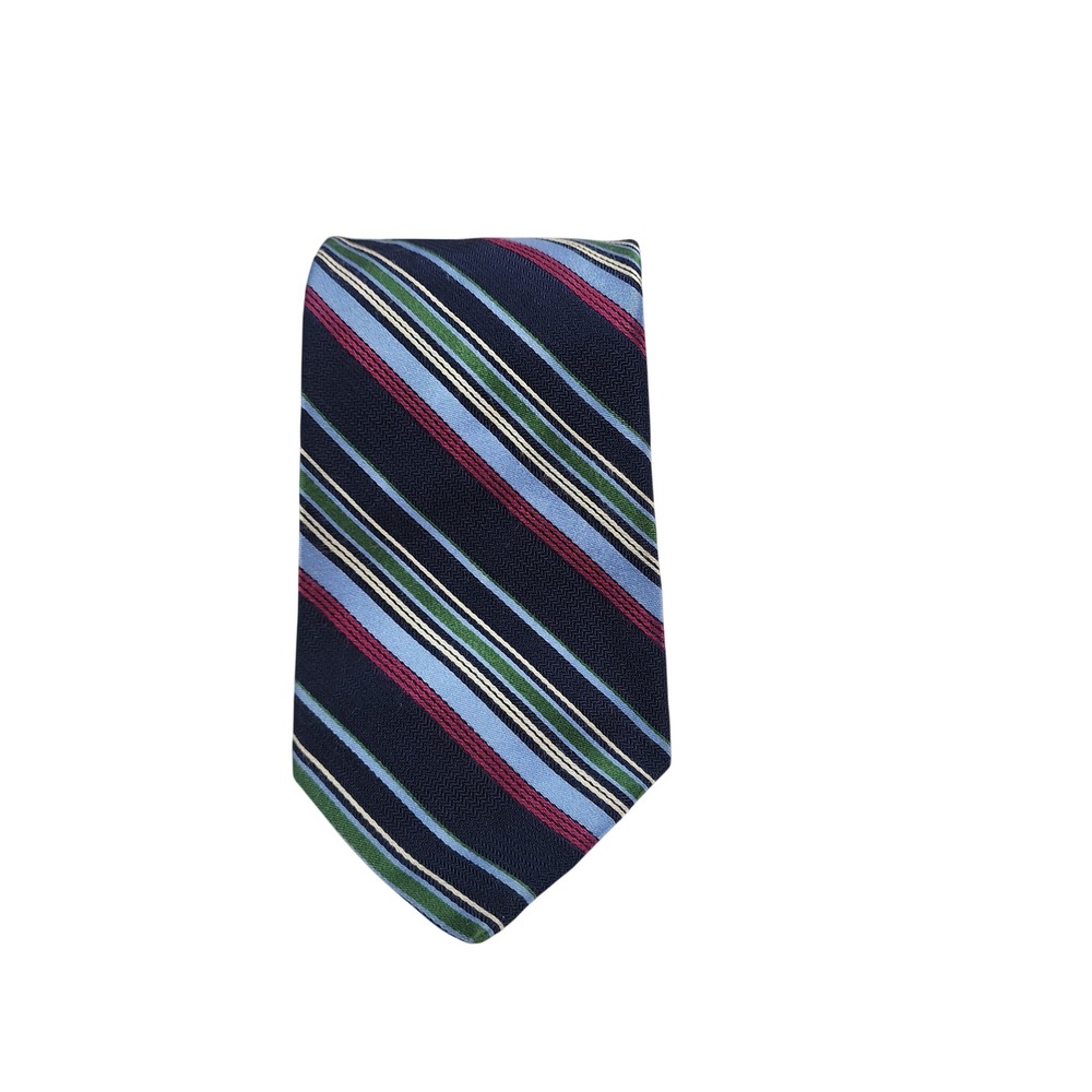 Altea Milano Silk Tie Mens Navy Blue Multi Color Striped Hand Made in Italy 60in